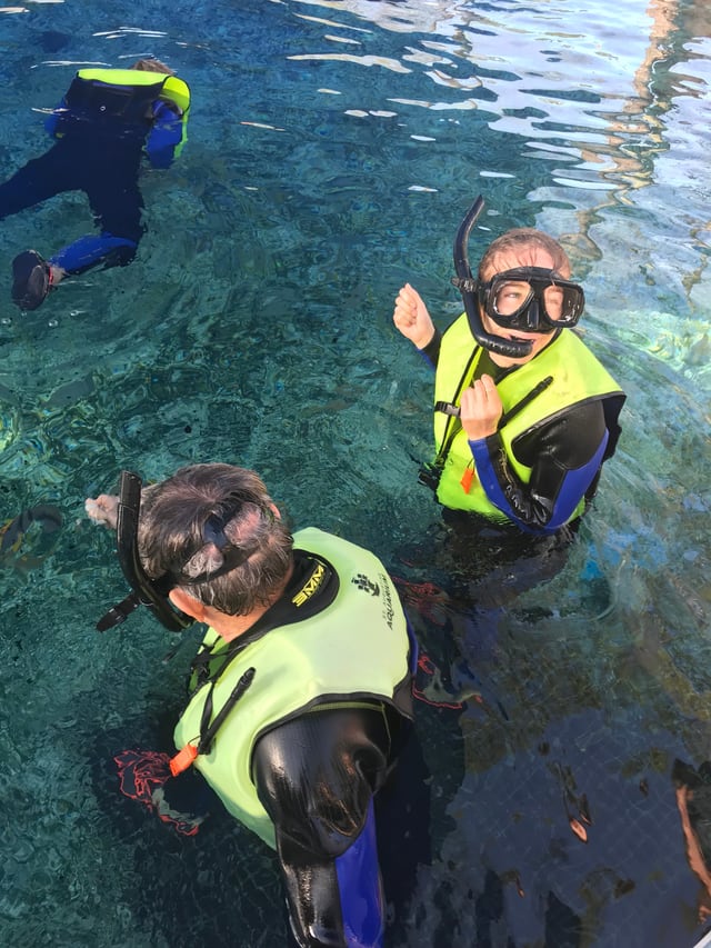 Visitor interacting with rays under aquarium staff guidance